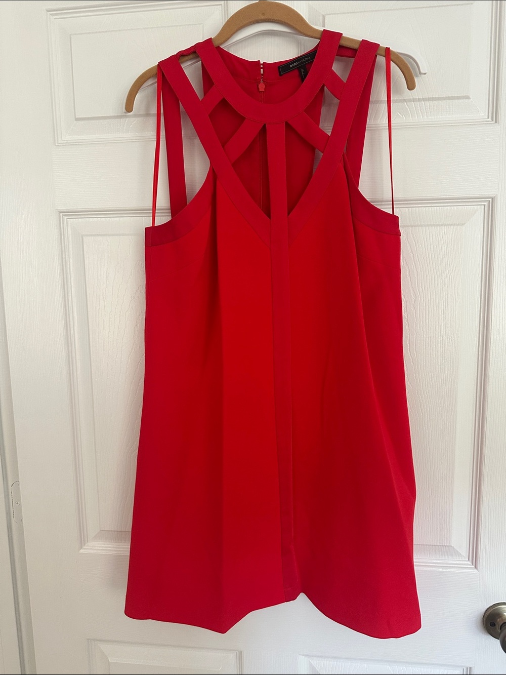 Red Strappy Mini Dress with Geometric Neckline